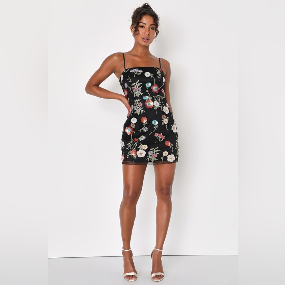 NWOT Lulu's Blooming Aesthetic Black Floral Embroidered Sequin Mini Dress Size S